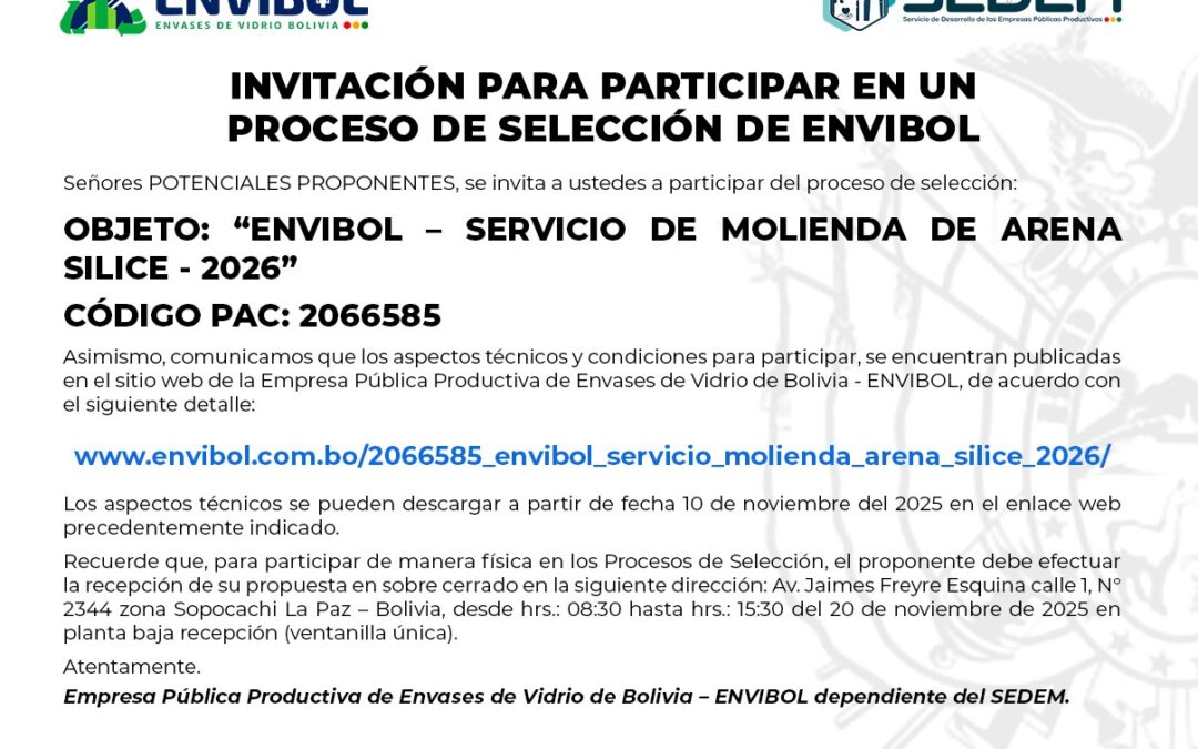 ENVIBOL – SERVICIO DE MOLIENDA DE ARENA SILICE – 2026
