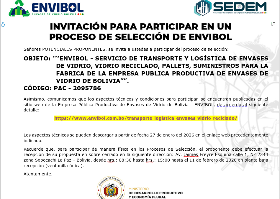 SERVICIO DE TRANSPORTE Y LOGÍSTICA DE ENVASES DE VIDRIO, VIDRIO RECICLADO, PALLETS, SUMINISTROS PARA LA FABRICA DE ENVIBOL