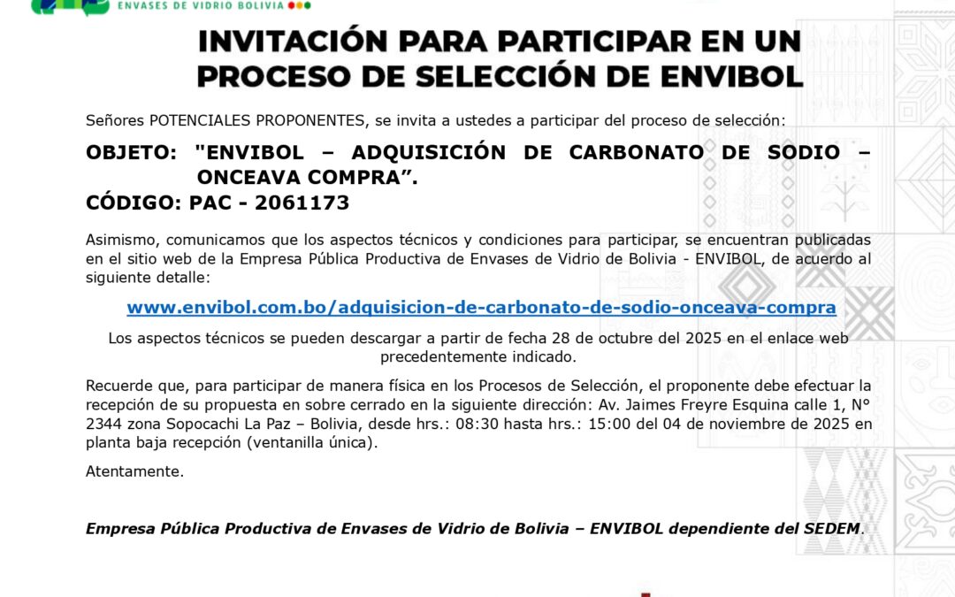 ENVIBOL – ADQUISICION DE CARBONATO SODIO ONCEAVA COMPRA
