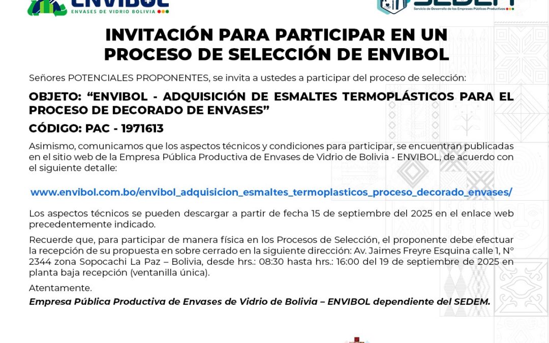 ENVIBOL ADQUISICION ESMALTES TERMOPLASTICOS PROCESO DECORADO ENVASES