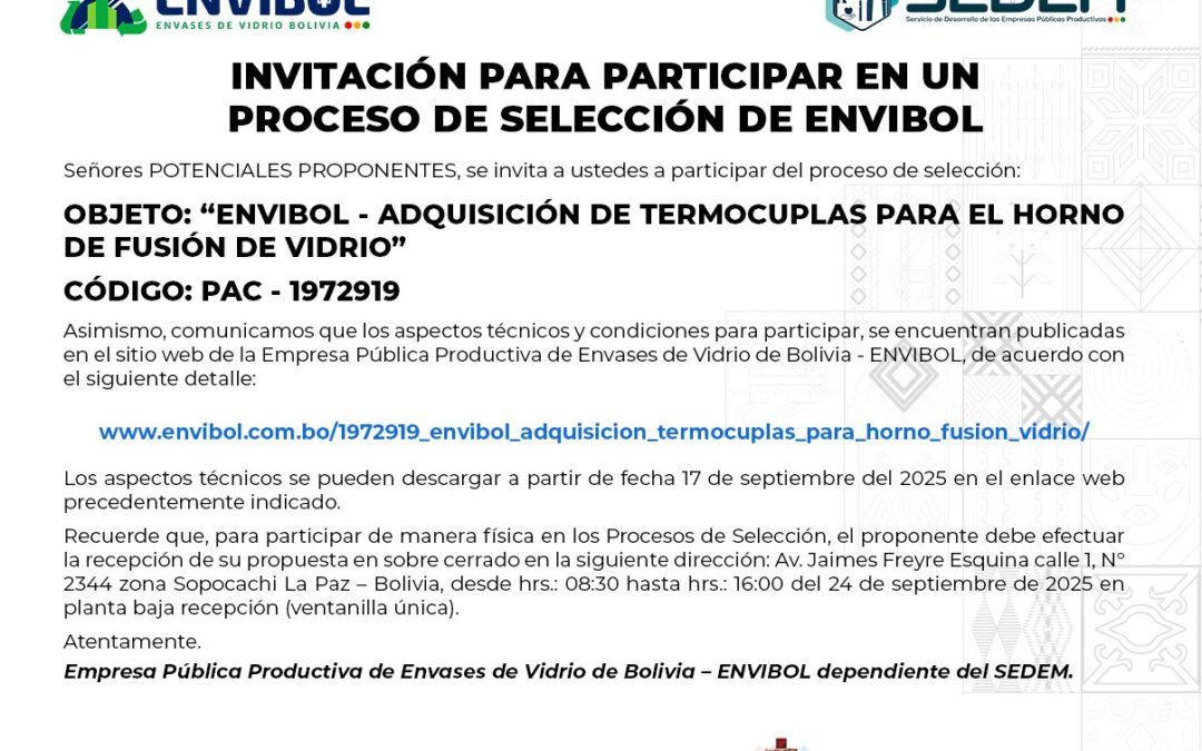 ENVIBOL – ADQUISICIÓN DE TERMOCUPLAS PARA EL HORNO DE FUSIÓN DE VIDRIO