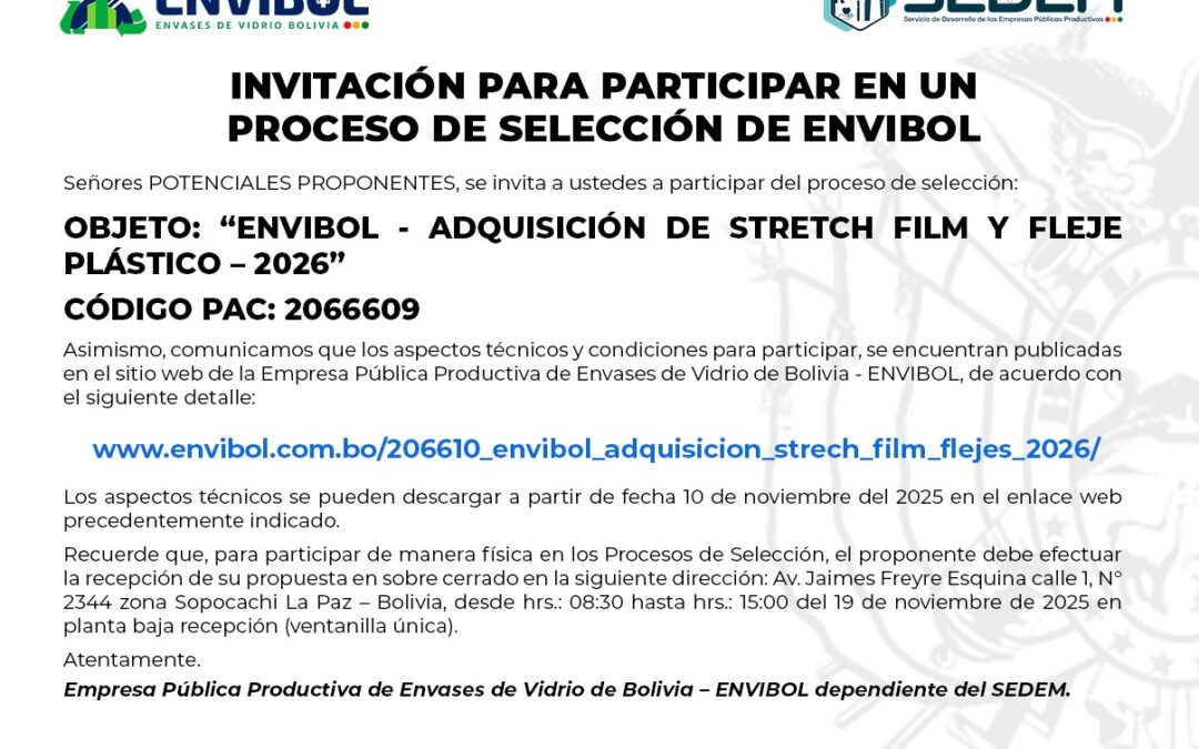 ENVIBOL – ADQUISICIÓN DE STRECH FLIM Y FLEJES – 2026