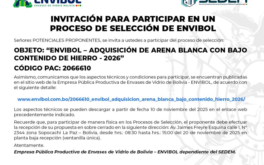 ENVIBOL – ADQUISICION DE ARENA BLANCA CON BAJO CONTENIDO DE HIERRO – 2026