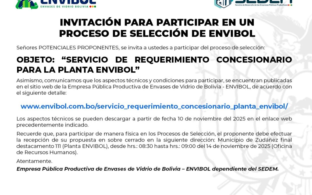 SERVICIO DE REQUERIMIENTO CONCESIONARIO PARA LA PLANTA ENVIBOL