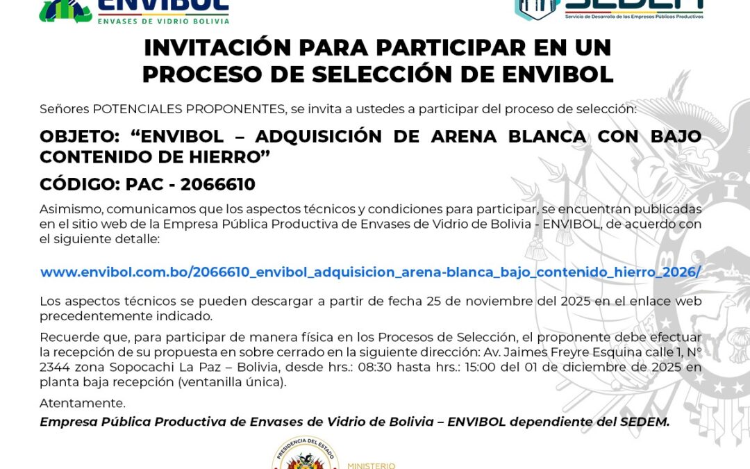 ENVIBOL – ADQUISICION DE ARENA BLANCA CON BAJO CONTENIDO DE HIERRO – 2026