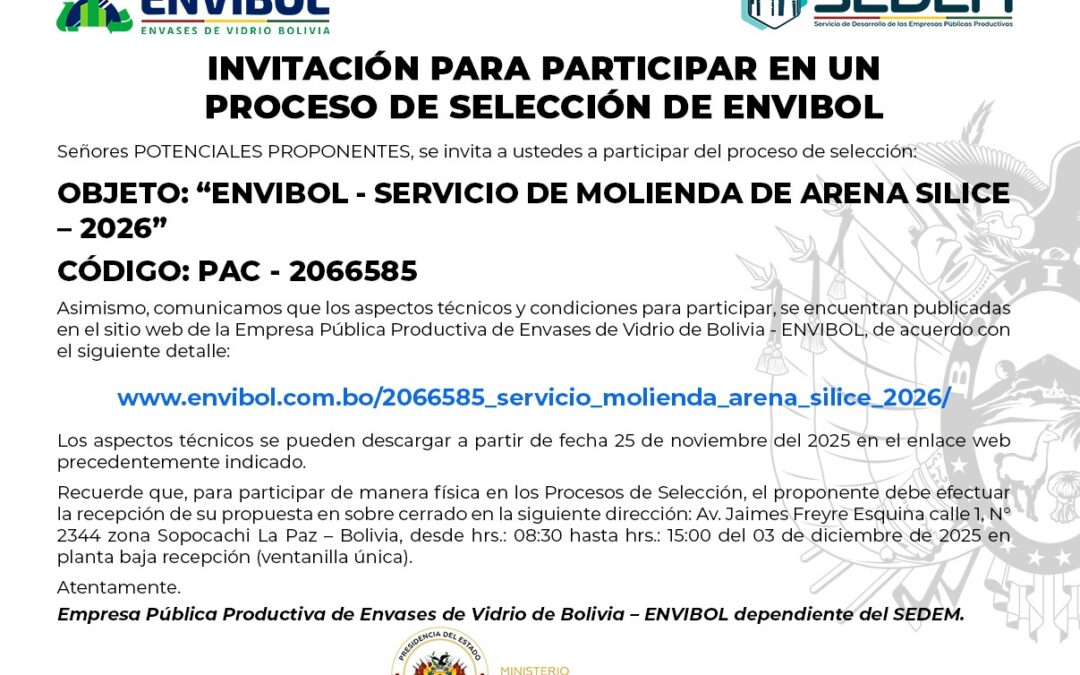 ENVIBOL – SERVICIO DE MOLIENDA DE ARENA SILICE – 2026