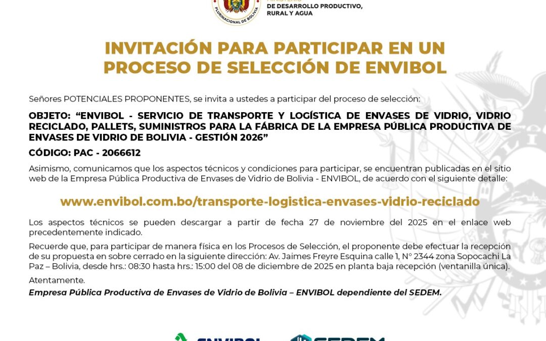 SERVICIO DE TRANSPORTE Y LOGÍSTICA DE ENVASES DE VIDRIO, VIDRIO RECICLADO, PALLETS, SUMINISTROS PARA LA FABRICA DE ENVIBOL