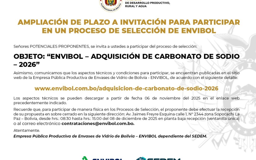 ENVIBOL – ADQUISICION DE CARBONATO DE SODIO SEXTA COMPRA