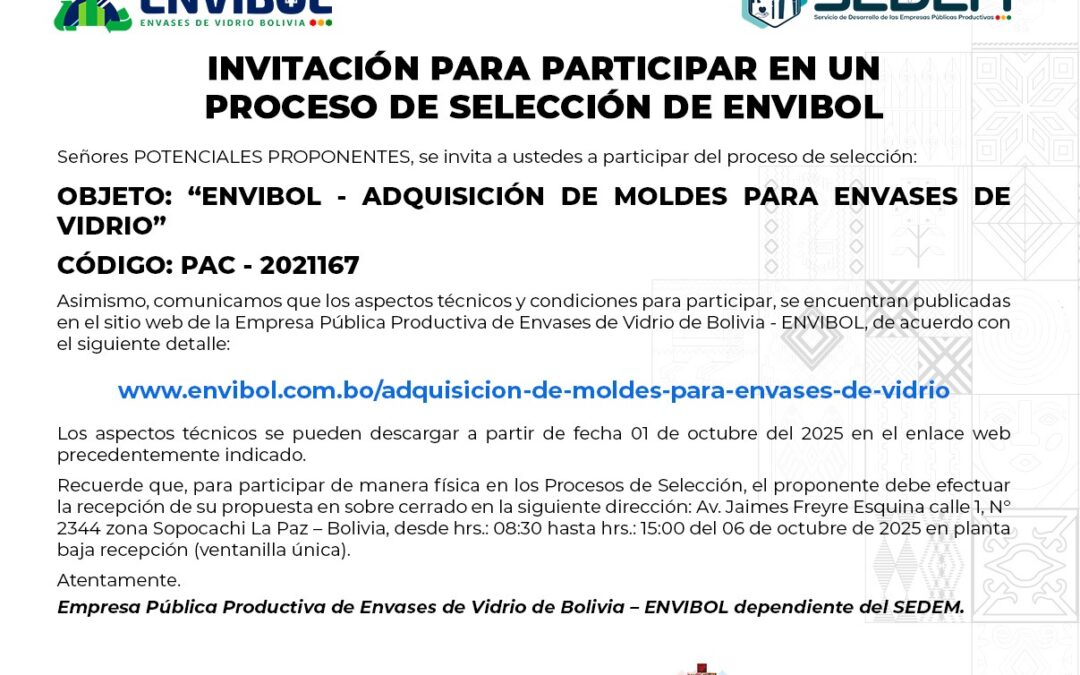 ENVIBOL – ADQUISICIÓN DE MOLDES PARA ENVASES DE VIDRIO